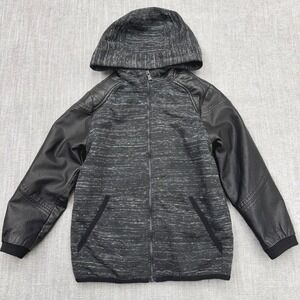 Urban Republic Boys Grey Marled Hooded Jacket Faux Black Leather Sleeves S 7/8